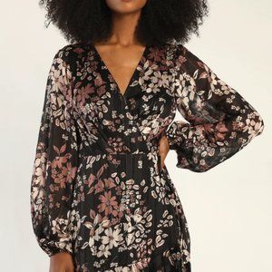 NWT - Lulu's Splendid Sweetie Black Floral Print Long Sleeve Mini Wrap Dress - L